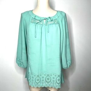 Valerie Stevens Mint Green Lace Eyelet Top Large NWOT